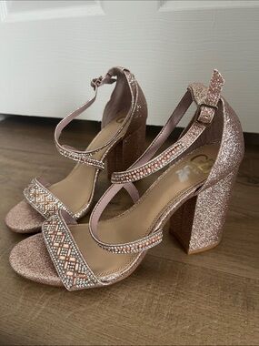 Gianni Bini Rose Gold Glitter Block Heel Sandals with Crystal Straps Bridal chic